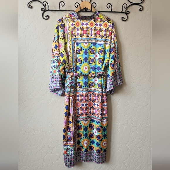 Zara Satin Multicolor Long Kimono Robe - Picture 7 of 9